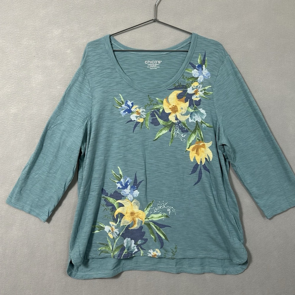 Chicos Floral Knit Tunic Top Cotton Modal Coastal Tropical Womens Plus 4 XXL